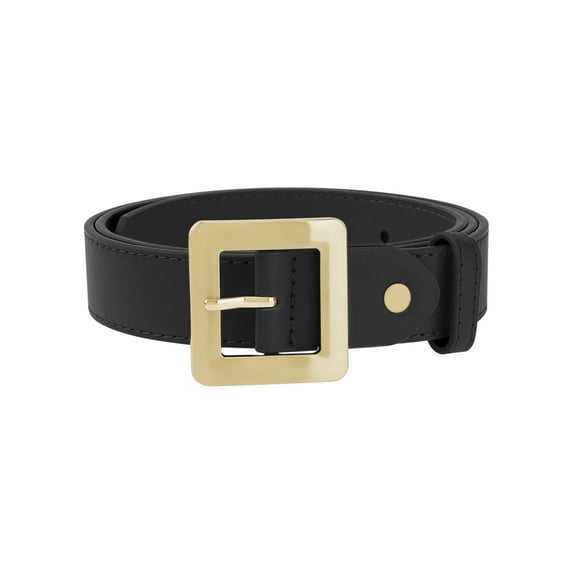 INSPIRE CHIC Women's Golden Square Buckle Belts, 1.1" Wide Fashion Simple Faux Leather Waistband for Dresses Jeans 40.6x1.1" Black