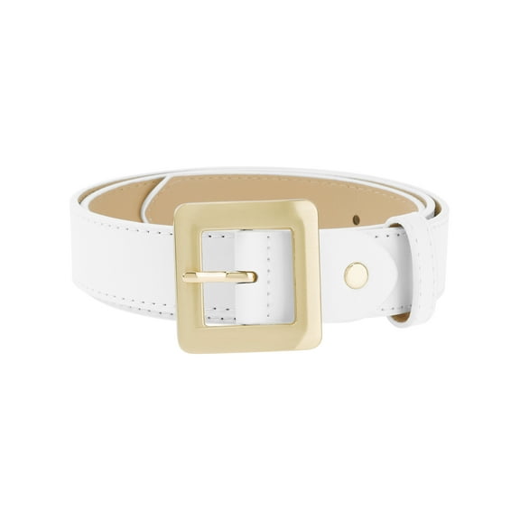 INSPIRE CHIC Women's Golden Square Buckle Belts, 1.1" Wide Fashion Simple Faux Leather Waistband for Dresses Jeans 40.6x1.1" White