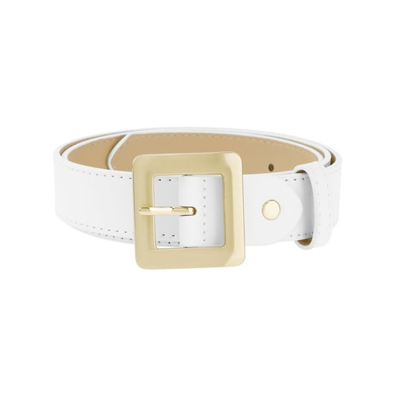 INSPIRE CHIC Women's Golden Square Buckle Belts, 1.1" Wide Fashion Simple Faux Leather Waistband for Dresses Jeans 40.6x1.1" White