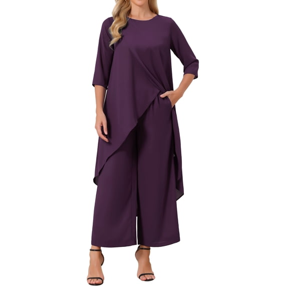 INSPIRE CHIC Women's Halloween 2 Piece Chiffon Ruffle Top & Wide Leg Pants Set Formal Wedding Outfit Deep Purple M