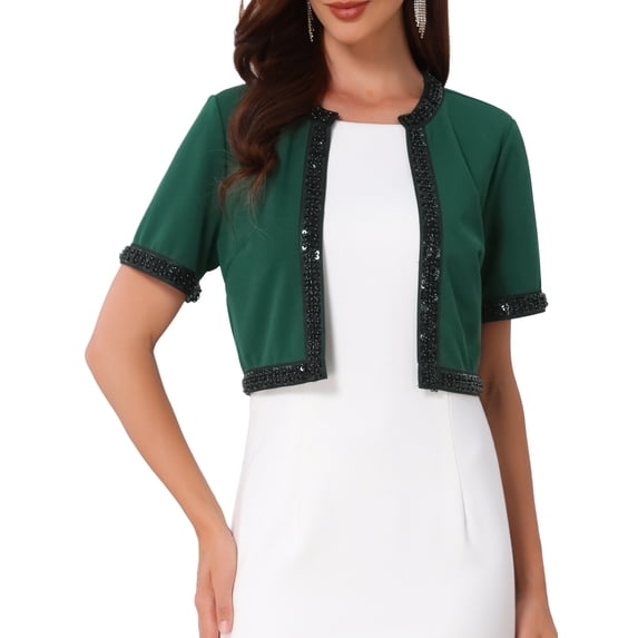 INSPIRE CHIC Women's Halloween Cropped Bolero Sequined Trim Short Sleeves Open Front Shrugs S Dark Green