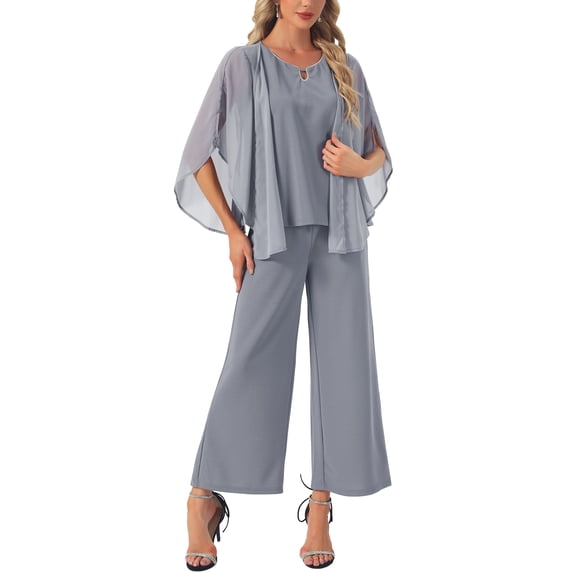 INSPIRE CHIC Women's Halloween Dressy Pantsuits Rhinestone Trim Chiffon 2-Piece Set Grey XL