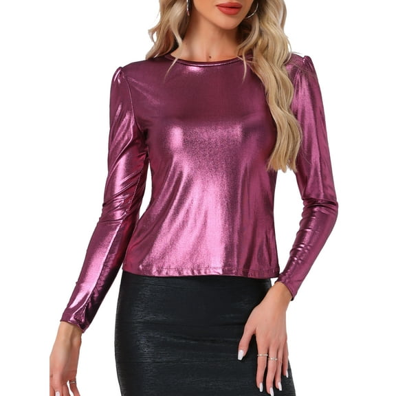 INSPIRE CHIC Women's Top Long Sleeve Sparkly Glitter Shiny Metallic Tops XL Dusty Hot Pink