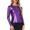 thumbnail image 1 of INSPIRE CHIC Women's Top Long Sleeve Sparkly Glitter Shiny Metallic Tops XL Shiny Dusty Purple, 1 of 6