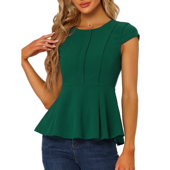 INSPIRE CHIC Women's Halloween Peplum Tops Cap Sleeve Round Neck Solid Color Blouses XS Green