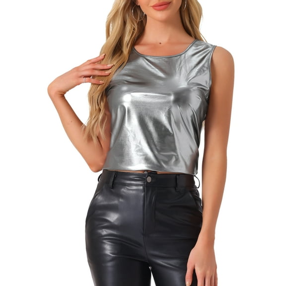 INSPIRE CHIC Women's Metallic Tank Top Halloween Club Party Shiny Sparkly Holographic Cami Top L Dark Silver