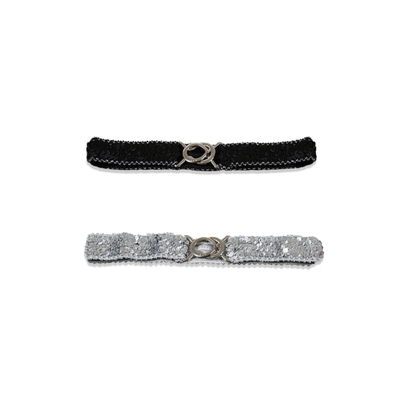 INSPIRE CHIC Women's Halloween Stretchy Waist Belt 2 Pack Sequin Decor Wide Elastic Belt with Interlock Buckle for Dresses 19.68" to 29.52" Silver & Black