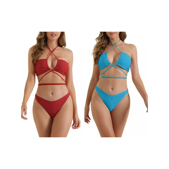 Women's Halter Bikini Sets, 2 Piece Double Lace Up Tie Back Triangle Bottoms Swimwear Bathing Suits 2 Sets X-Large Red, Blue