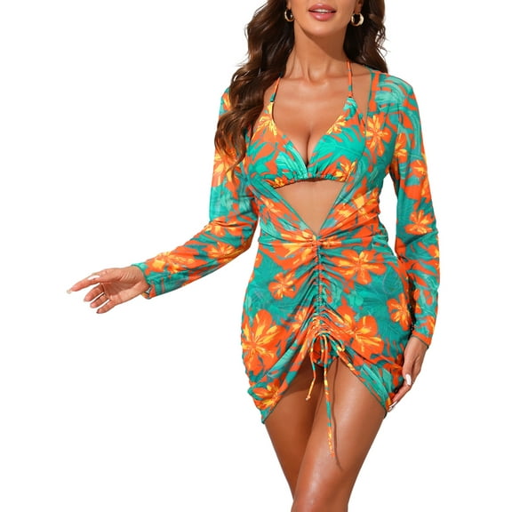 INSPIRE CHIC Women's Halter Floral Triangle Bikini Sets, 3 Pieces Swimsuit Long Sleeve Drawstring Cover Up Mesh Ruched Dress Swimwear Green Orange X-Large