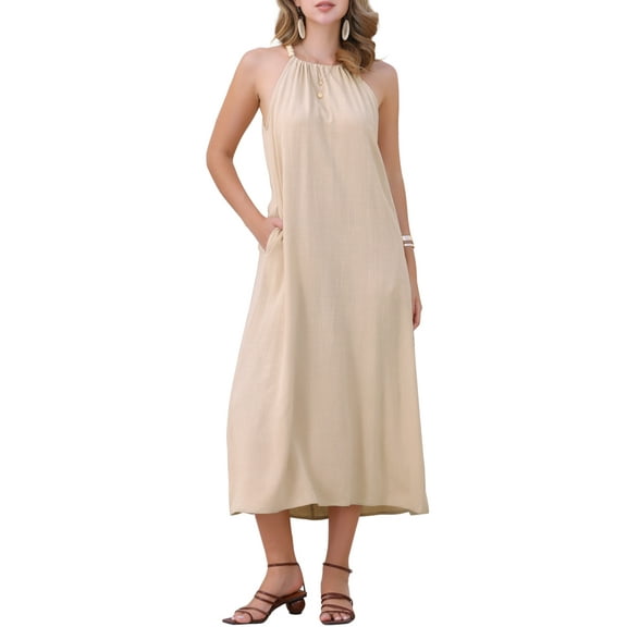 INSPIRE CHIC Women's Halter Neck Belted Waist Summer Midi Dresses M Apricot