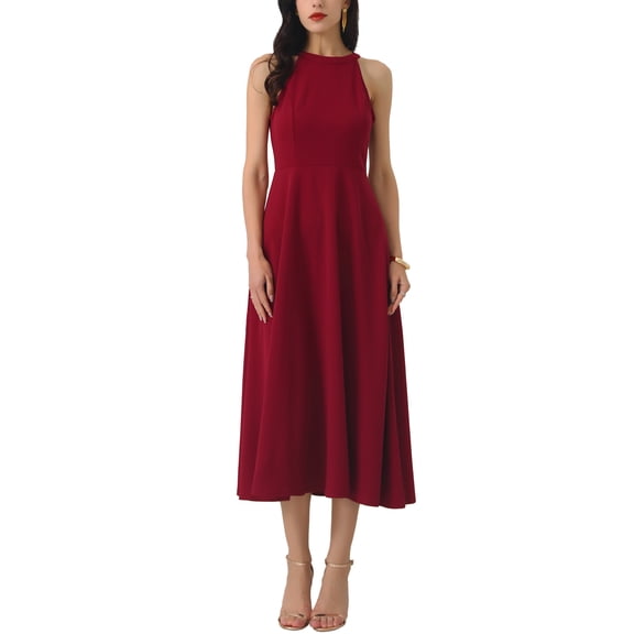 INSPIRE CHIC Women's Halter Neck Dresses Sleeveless Formal Cocktail Midi Dress M Wine Red