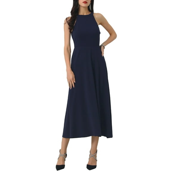 INSPIRE CHIC Women's Halter Neck Dresses Sleeveless Formal Cocktail Midi Dress XL Dark Blue