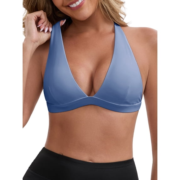 INSPIRE CHIC Women's Halter Neck Plunge Wirefree Sports Bras Backless Cozy Breathable Workout Fitness Bralette M Blue