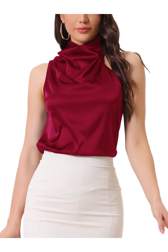 Women's Halter Neck Satin Tops Elegant Sleeveless Summer Top XL Burgundy