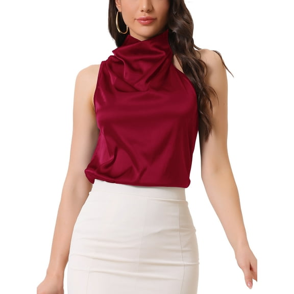 INSPIRE CHIC Women's Halter Neck Satin Tops Elegant Sleeveless Summer Top XS Burgundy