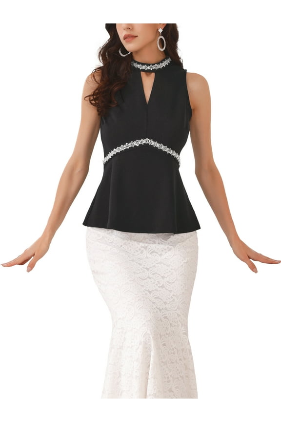 Women's Halter Tops Beaded Mock Neck Keyhole Sleeveless Cocktail Peplum Blouse XL Black