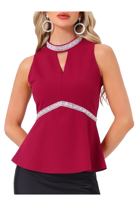 Women's Halter Tops Beaded Mock Neck Keyhole Sleeveless Cocktail Peplum Blouse XL Burgundy