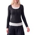 thumbnail image 1 of INSPIRE CHIC Women's Henley Shirts Ribbed Tops Scoop Neck Long Sleeve Contrast Lace Ttim Button Pointelle Front Knit Slim Fit Y2K Casual Going Out Blouses Small Black, 1 of 6