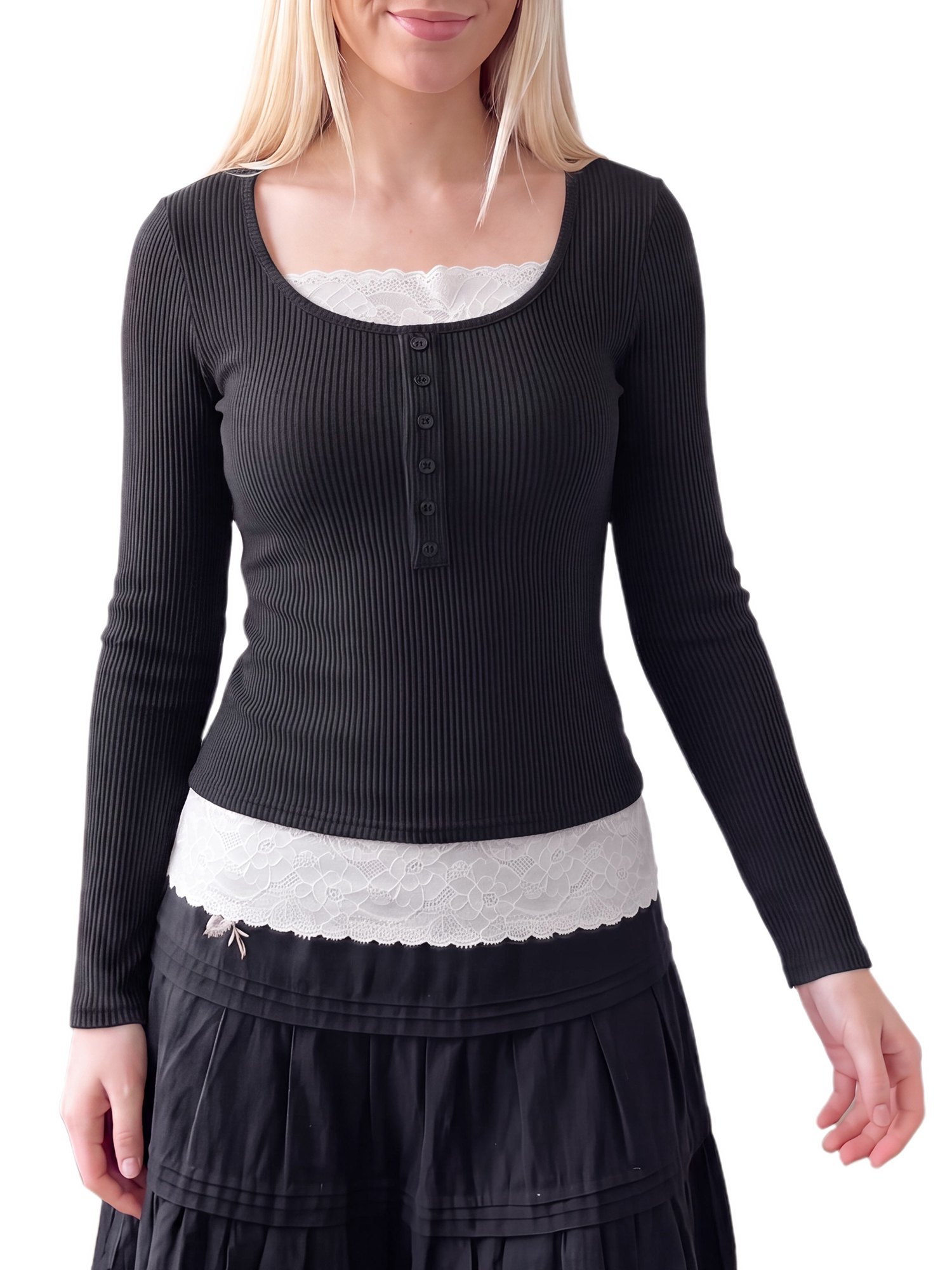 INSPIRE CHIC Women's Henley Shirts Ribbed Tops Scoop Neck Long Sleeve Contrast Lace Ttim Button Pointelle Front Knit Slim Fit Y2K Casual Going Out Blouses Small Black