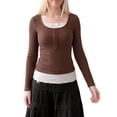 thumbnail image 1 of INSPIRE CHIC Women's Henley Shirts Ribbed Tops Scoop Neck Long Sleeve Contrast Lace Ttim Button Pointelle Front Knit Slim Fit Y2K Casual Going Out Blouses X Small Coffee, 1 of 5
