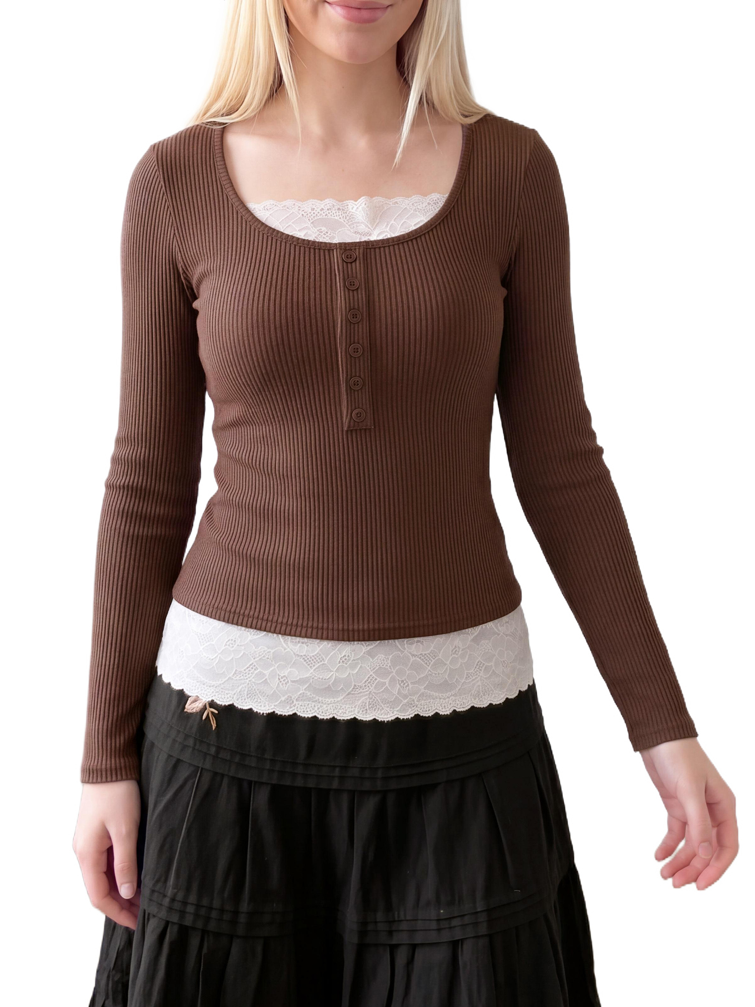 INSPIRE CHIC Women's Henley Shirts Ribbed Tops Scoop Neck Long Sleeve Contrast Lace Ttim Button Pointelle Front Knit Slim Fit Y2K Casual Going Out Blouses Large Coffee
