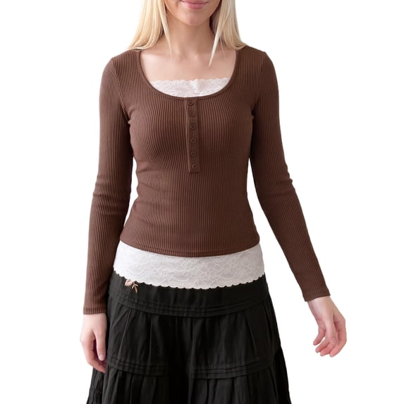 INSPIRE CHIC Women's Henley Shirts Ribbed Tops Scoop Neck Long Sleeve Contrast Lace Ttim Button Pointelle Front Knit Slim Fit Y2K Casual Going Out Blouses X Small Coffee