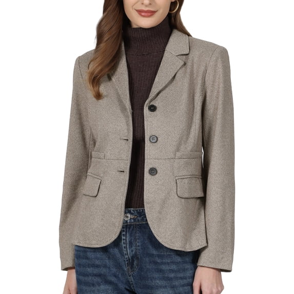 INSPIRE CHIC Women's Herringbone Blazer Business Casual Lapel Collar Fall Winter Fitted Suit Jacket M Khaki