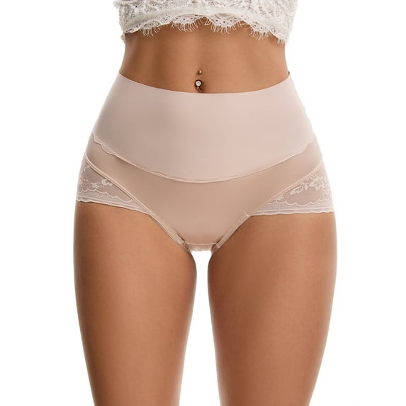 INSPIRE CHIC Women's Hi-Cut Satin Underpants Briefs High Waisted Lace Trimmed Tummy Control Underwear M Pink