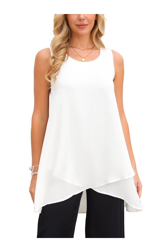Women's High Low Top Casual Sleeveless Chiffon Blouse Crewneck Asymmetrical Loose Shirt Summer Tops L White