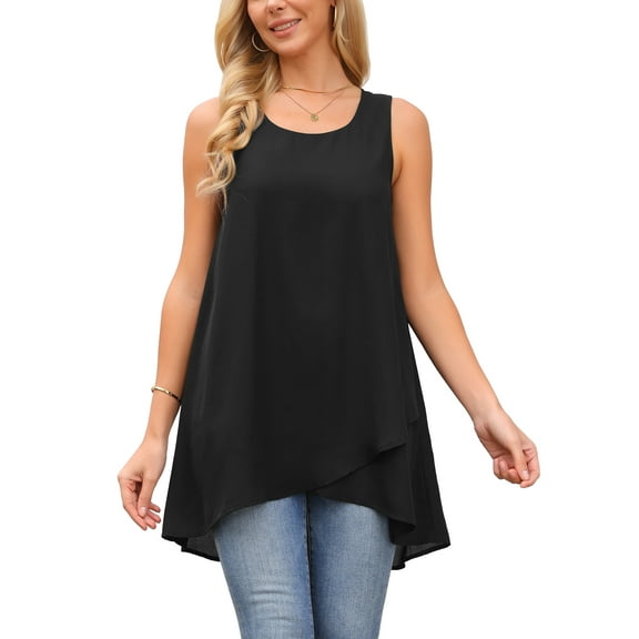 INSPIRE CHIC Women's High Low Top Casual Sleeveless Chiffon Blouse Crewneck Asymmetrical Loose Shirt Summer Tops M Black