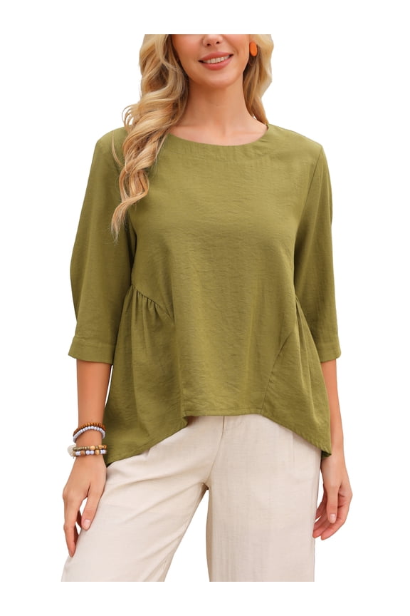 Women's High Low Tops 3/4 Sleeve Crewneck Asymmetrical Casual Loose Shirt Dressy Summer Tunic Blouse M Olive Green