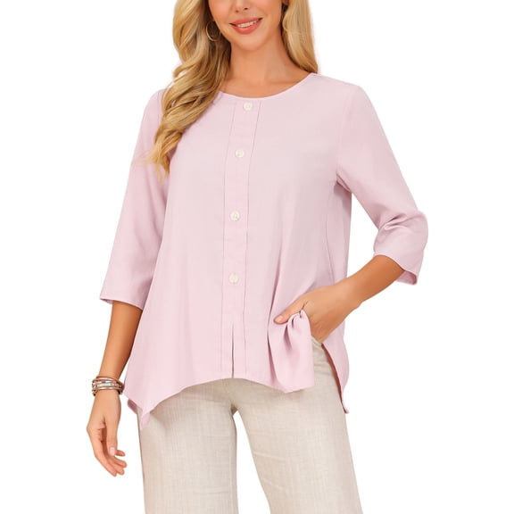 INSPIRE CHIC Women's High Low Tops 3/4 Sleeve Crewneck Casual Button Asymmetrical Loose Shirt Summer Tunic Blouse XL Pink