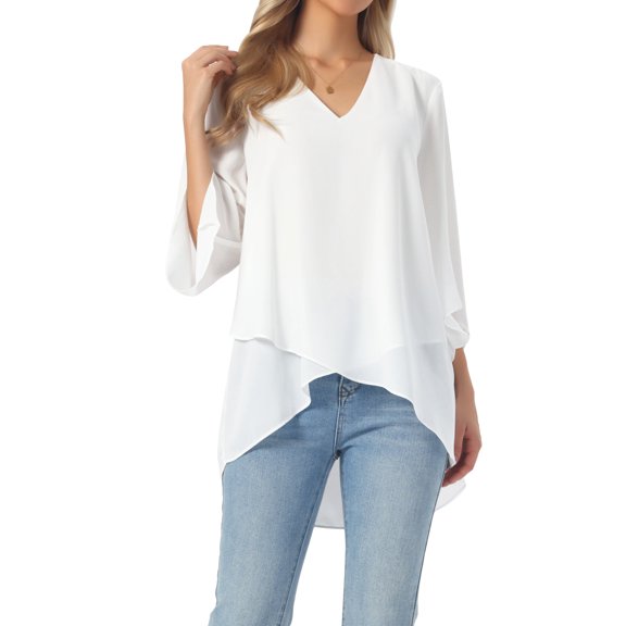 INSPIRE CHIC Women's High Low Tops Dressy Casual 3/4 Bell Sleeve V Neck Asymmetrical Hem Shirt Chiffon Blouse M Whites