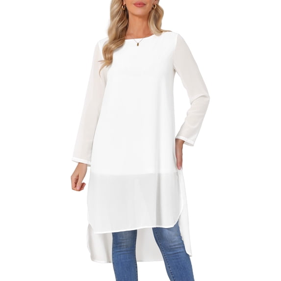 INSPIRE CHIC Women's High Low Tops Scoop Neck Chiffon Blouse Asymmetrical Loose Shirt Long Sleeve Side Split Casual Tops L White