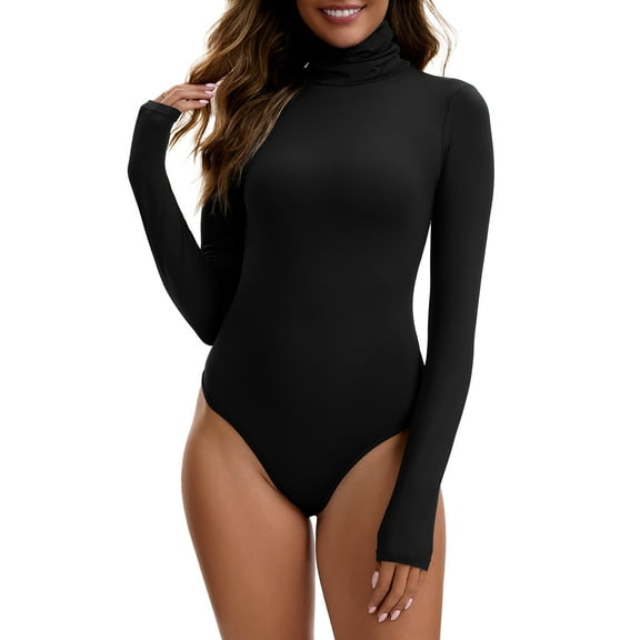 INSPIRE CHIC Women's High Neck Long Sleeve Tops Slim Fit Bodysuit Jumpsuit L Black