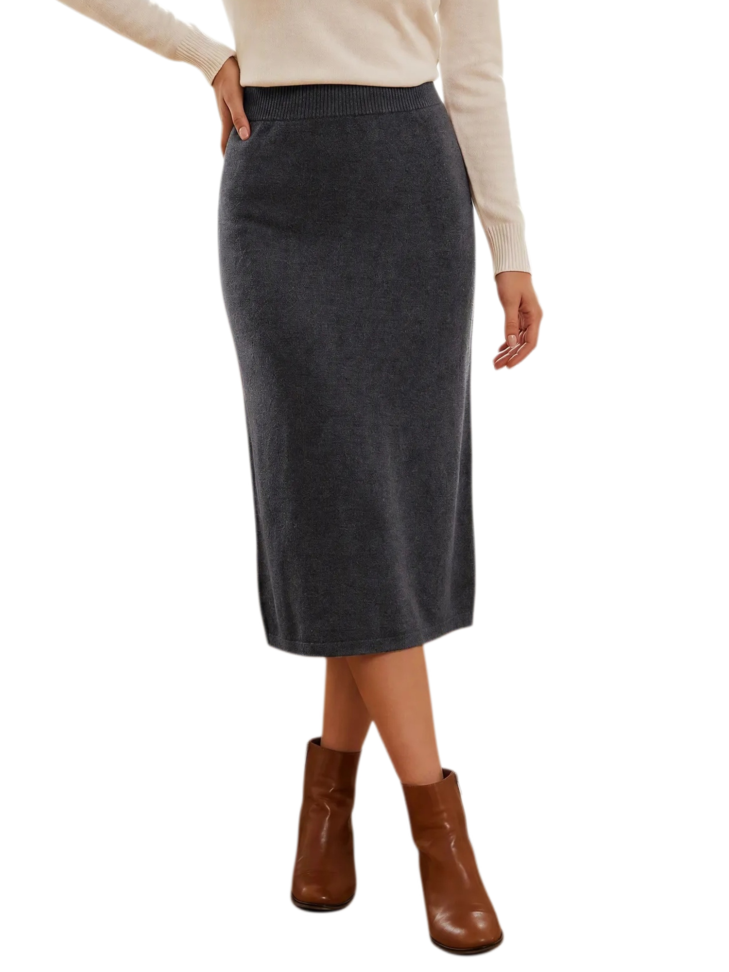 INSPIRE CHIC Women's High Waist Elastic Waist Knit Straight Midi Skirt for Everyday Comfort and Style L Grey