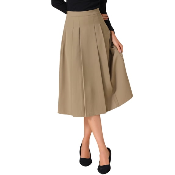INSPIRE CHIC Women's High Waist Fall Work Office A-Line Pleated Midi Skirt L Khaki
