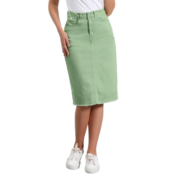 INSPIRE CHIC Women's Denim Skirt High Waist Raw Hem Knee Length Wrap Jean Skirts XL Yellow Green