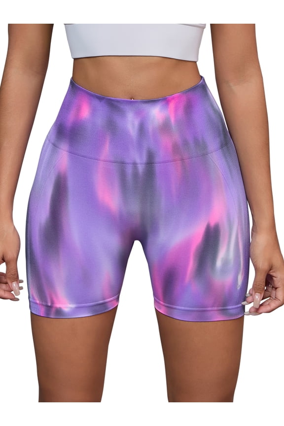 Women's High Waist Tie Dye Biker Shorts Tummy Control Workout Running Thigh Slimmer L Purple Pink