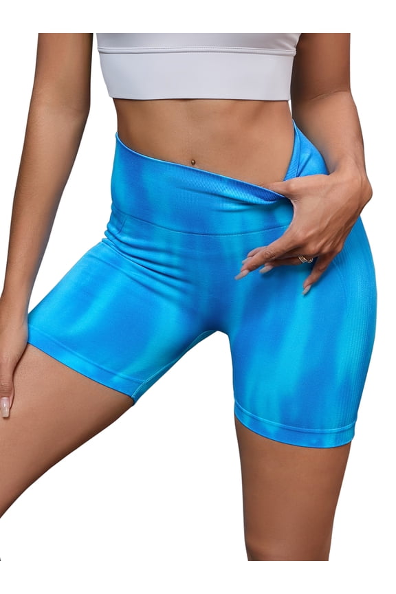 Women's High Waist Tie Dye Biker Shorts Tummy Control Workout Running Thigh Slimmer M Blue