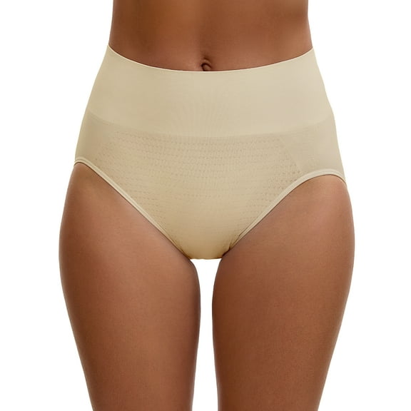 REFINED ATTIRE Women's High Waist Tummy Slimming Elastic Waistband Briefs Hi-Cut Breathable Butt Lifter Underwear M Beige