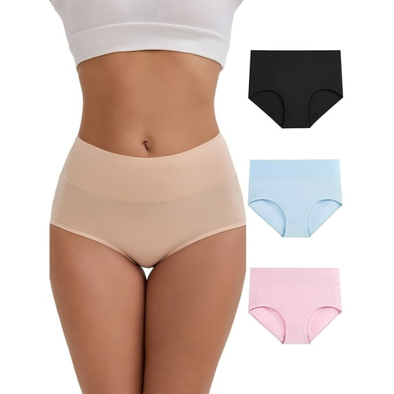 INSPIRE CHIC Women's High-Waisted Butt Lifting Tummy Control Underwear Cotton Breathable Plus Size Briefs 4 Packs S 1 Black 1 Beige 1 Light Pink 1 Light Blue