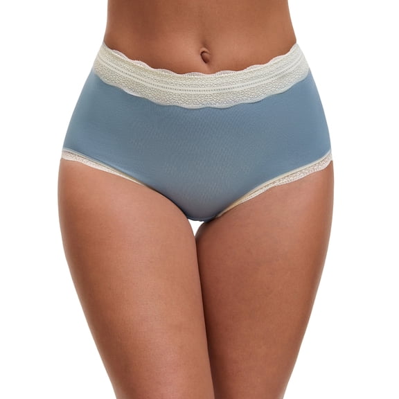 INSPIRE CHIC Women's High Waisted Lace Trim Briefs Cotton Full Coverage Underwear Panties L Dark Blue