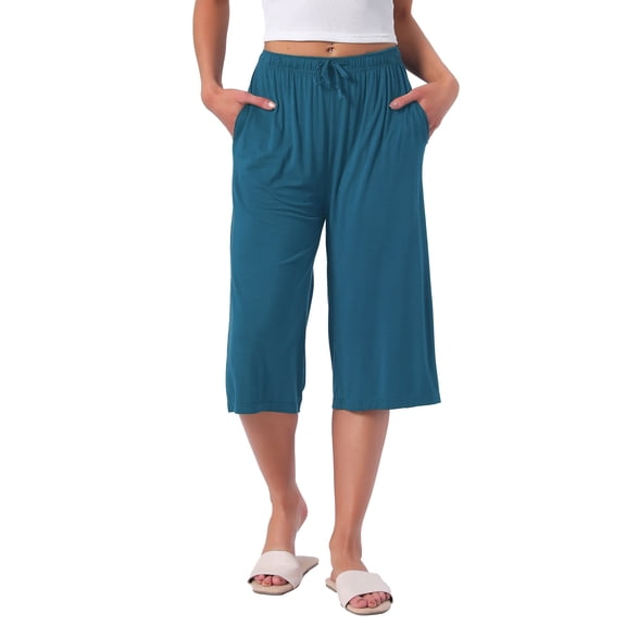 INSPIRE CHIC Women's High Waisted Pajama Shorts Viscose Comfy Soft Knee Length Long Shorts with Pockets L Lake Blue