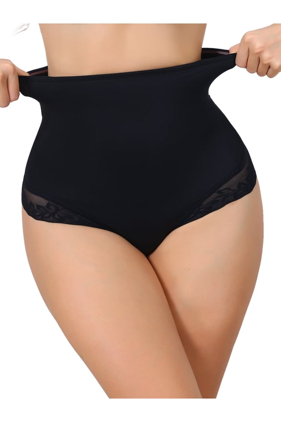 Women's High Waisted Shapewear Thong Tummy Control Slimming Ice Silk Elegant Lace Underwear Medium Black