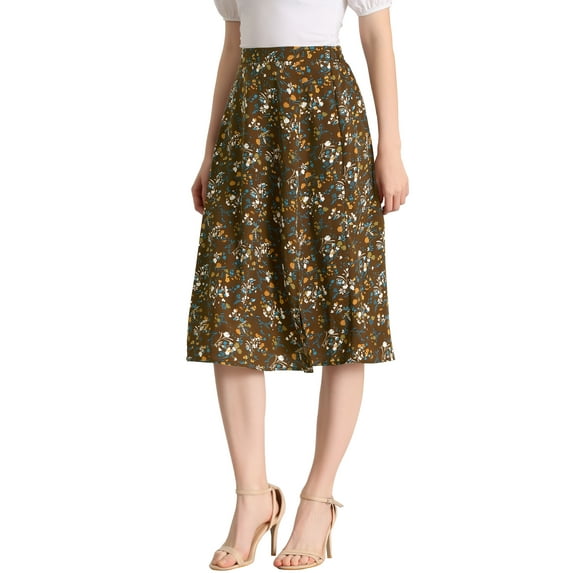 INSPIRE CHIC Women's High Waisted Split Hem A-Line Floral Skirt M Brown