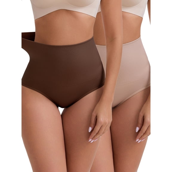 INSPIRE CHIC Women's High-Waisted Tummy Control Butt Lifting Underwear Seamless Solid Body Control Panties 2 Packs M 1 Beige 1 Brown