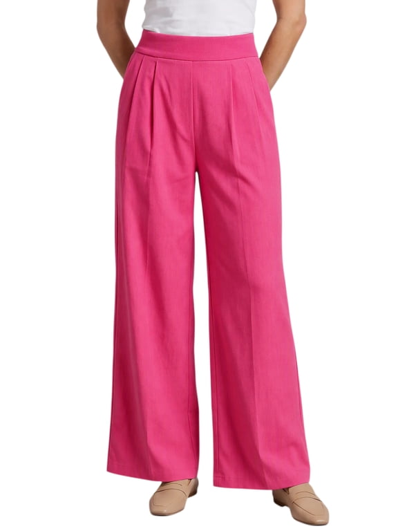 Women's Hight Waist Zip Fly Pleated Wide Leg Long Pants with Pockets XL Rose Red