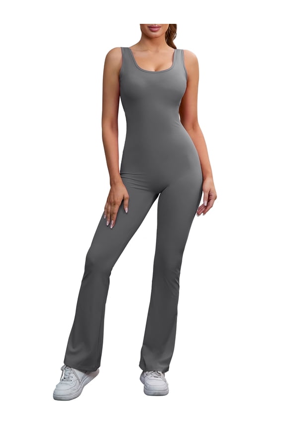 Women's Hollow Back Bodysuit 1 Piece Body Full Suit Long Pants Leggings Workout Fitness Catsuit XL Gray