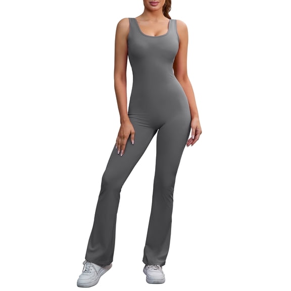 INSPIRE CHIC Women's Hollow Back Bodysuit One Piece Body Full Suit Long Pants Leggings Workout Fitness Catsuit XL Gray